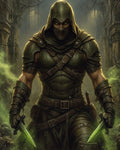 GRID THUMBNAIL — A hooded, masked assassin in dark leather armour strides through crumbling ruins, gripping two glowing green poison daggers amid swirling toxic mist.