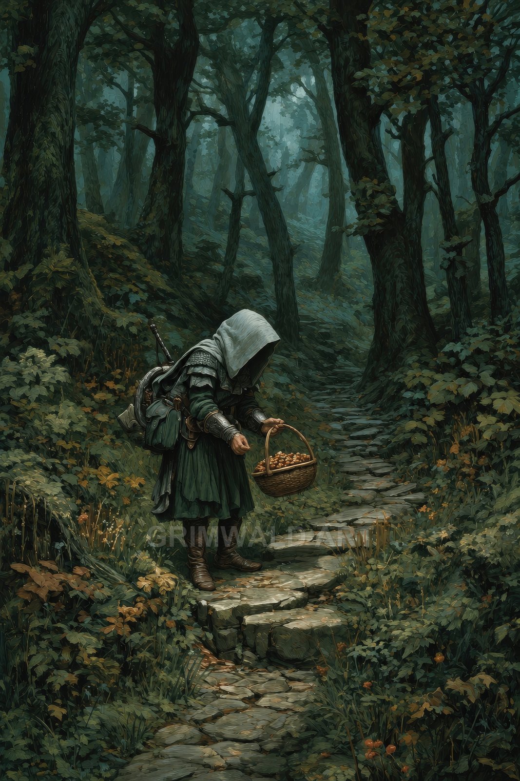 A hooded ranger in a green cloak gathers mushrooms into a wicker basket along a stone forest path, with sword and backpack, in moody woodland.
