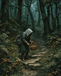 GRID THUMBNAIL — A hooded ranger in a green cloak gathers mushrooms into a wicker basket along a stone forest path, with sword and backpack, in moody woodland.