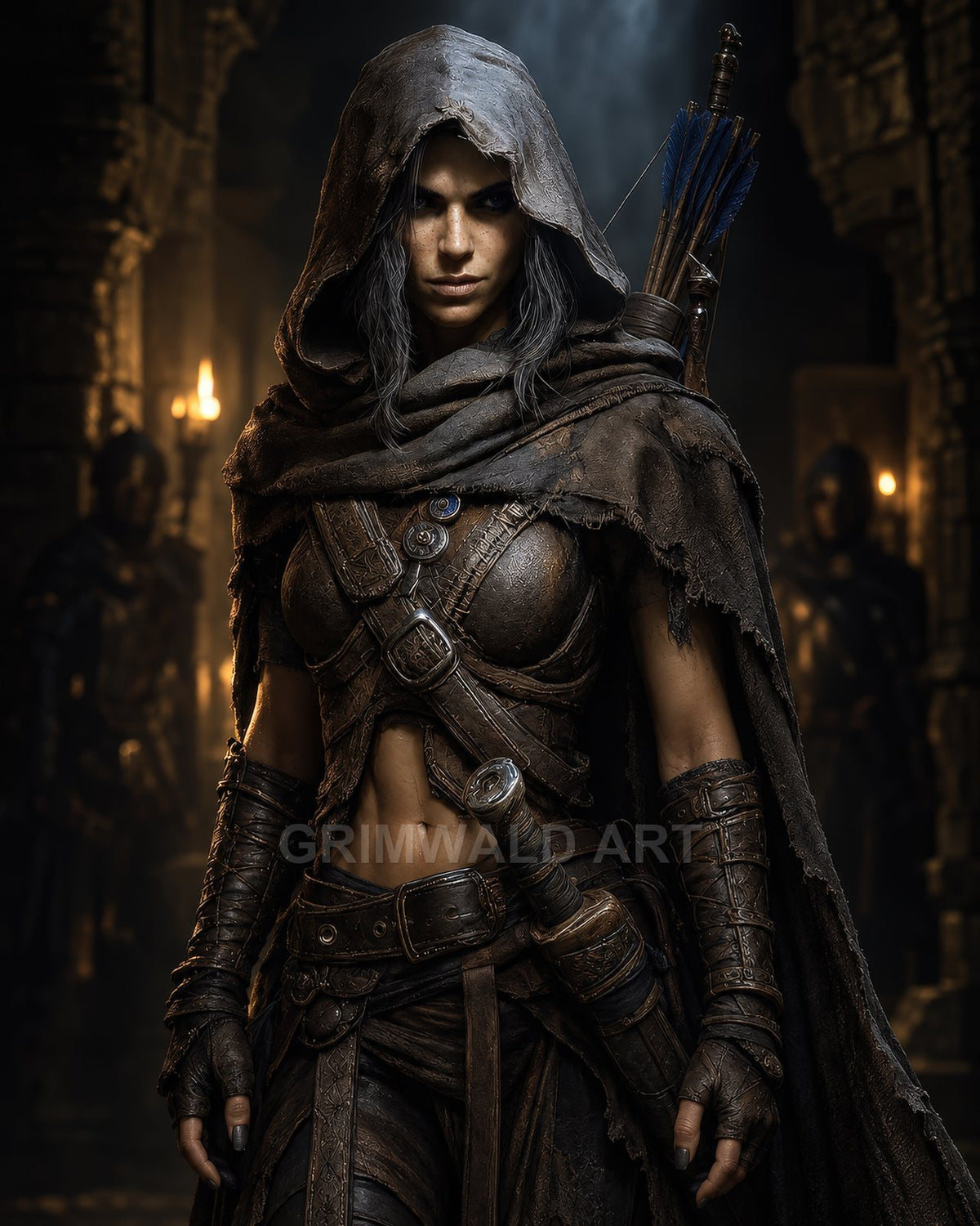 A hooded female ranger in weathered leather armour stands in a torchlit stone ruin, quiver of blue-feathered arrows and dagger at her belt.