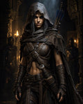 GRID THUMBNAIL — A hooded female ranger in weathered leather armour stands in a torchlit stone ruin, quiver of blue-feathered arrows and dagger at her belt.