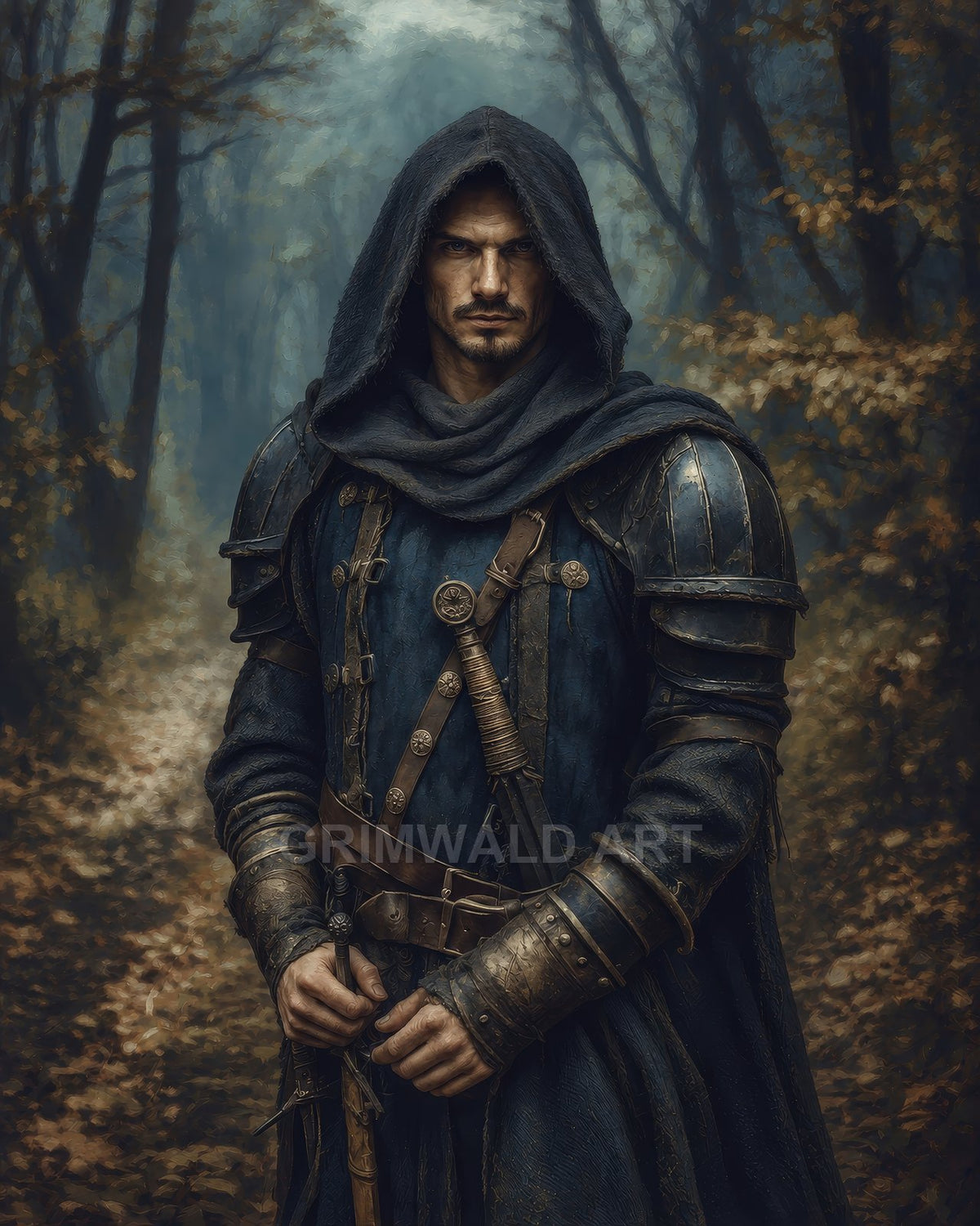 A hooded male ranger in dark blue armour stands on a misty autumn forest path, gripping a sword and dagger, gazing intensely.