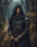 GRID THUMBNAIL — A hooded male ranger in dark blue armour stands on a misty autumn forest path, gripping a sword and dagger, gazing intensely.