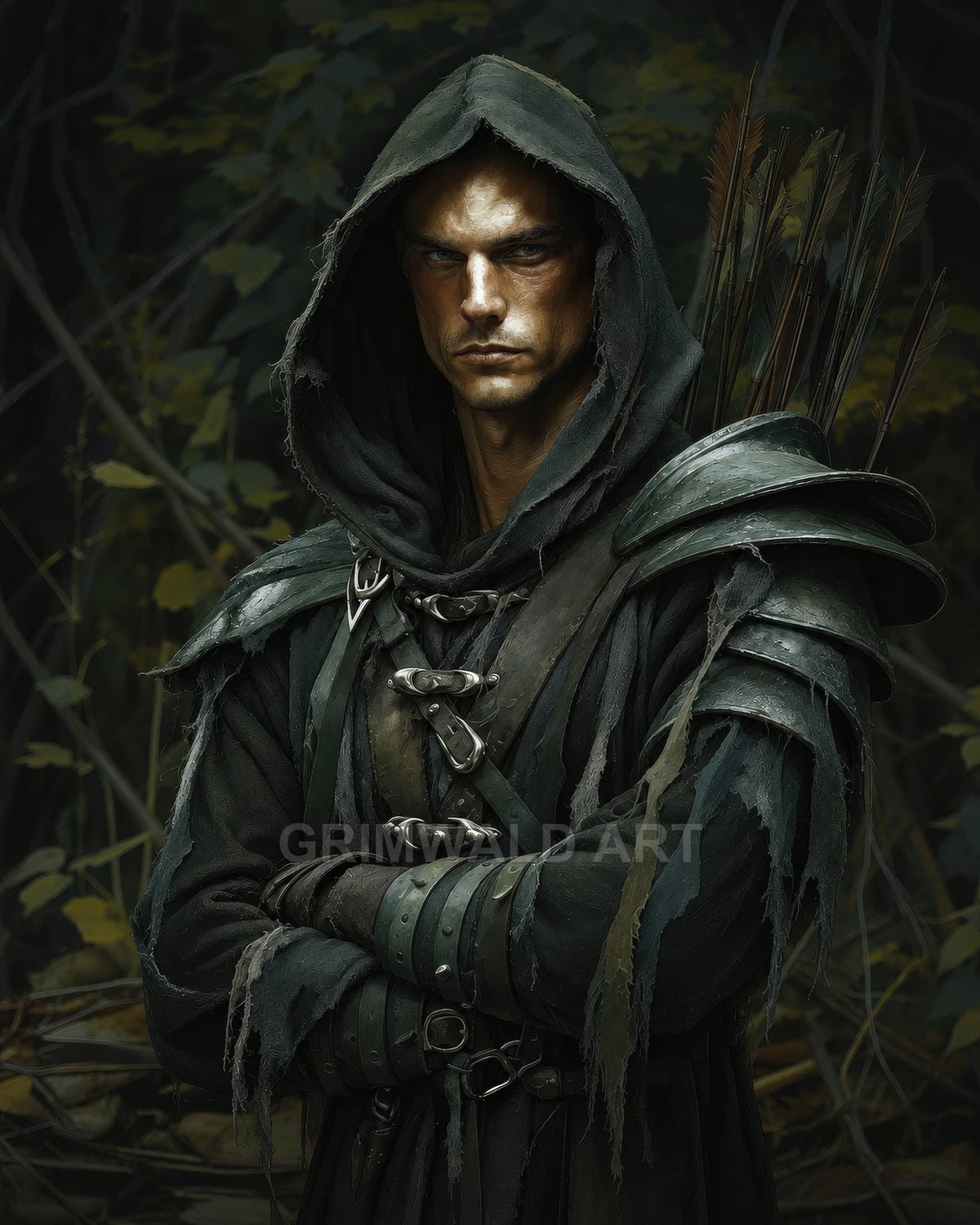 Hooded male ranger in battered leather armour stands in a shadowy forest, arms crossed, with a quiver of arrows on his back.