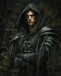 GRID THUMBNAIL — Hooded male ranger in battered leather armour stands in a shadowy forest, arms crossed, with a quiver of arrows on his back.