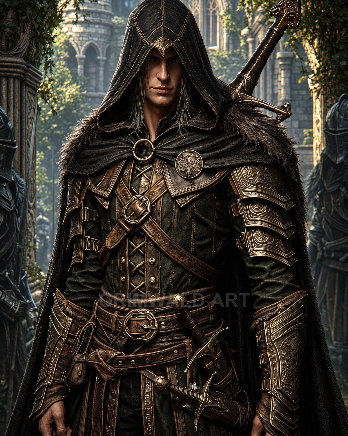 Hooded male ranger in dark leather armour and fur-trimmed cloak, carrying swords and daggers, stands before ivy-covered gothic stone arches.