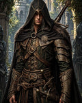 GRID THUMBNAIL — Hooded male ranger in dark leather armour and fur-trimmed cloak, carrying swords and daggers, stands before ivy-covered gothic stone arches.