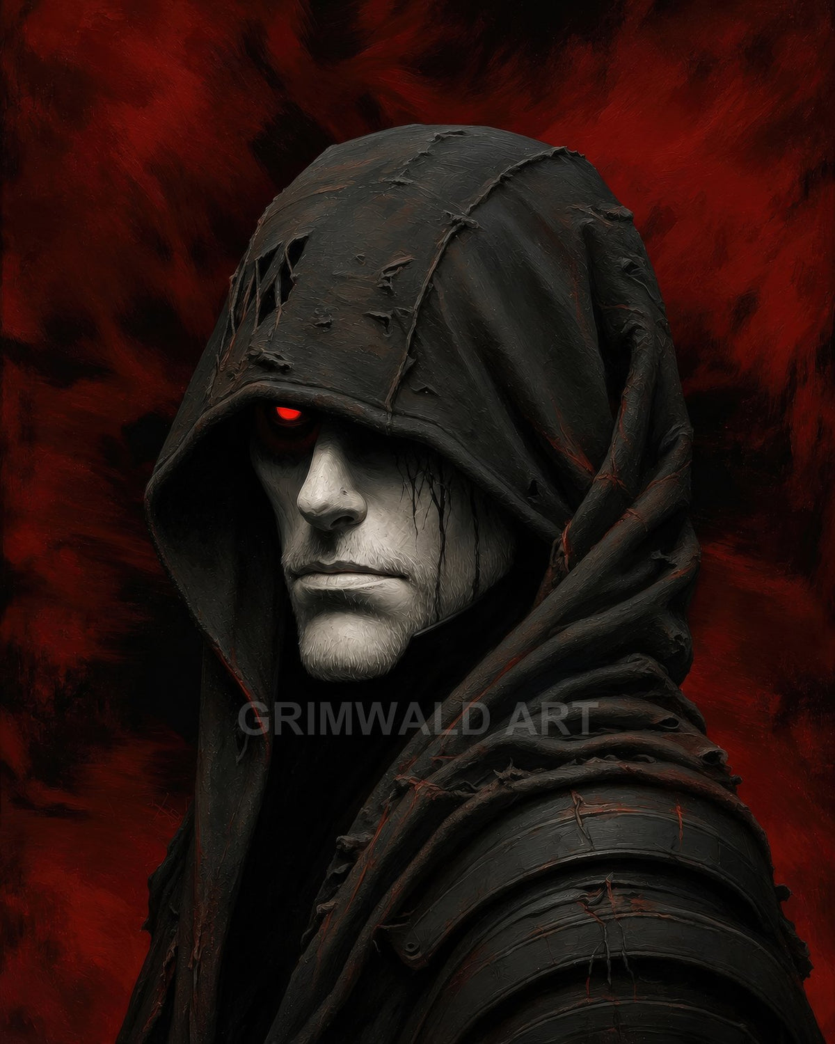 A pale, hooded figure with a glowing red eye and tattered dark cloak, portrayed against a dramatic red and black background in a dark fantasy portrait.