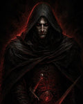 GRID THUMBNAIL — Hooded vampire with glowing red eyes grips a dagger and sword, cloaked in black with red backlight, menacing expression in darkness.