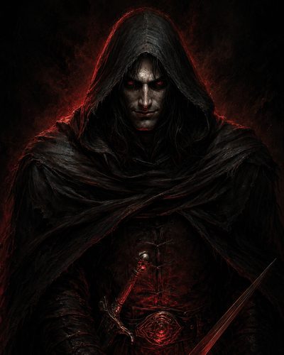 GRID THUMBNAIL — Hooded vampire with glowing red eyes grips a dagger and sword, cloaked in black with red backlight, menacing expression in darkness.