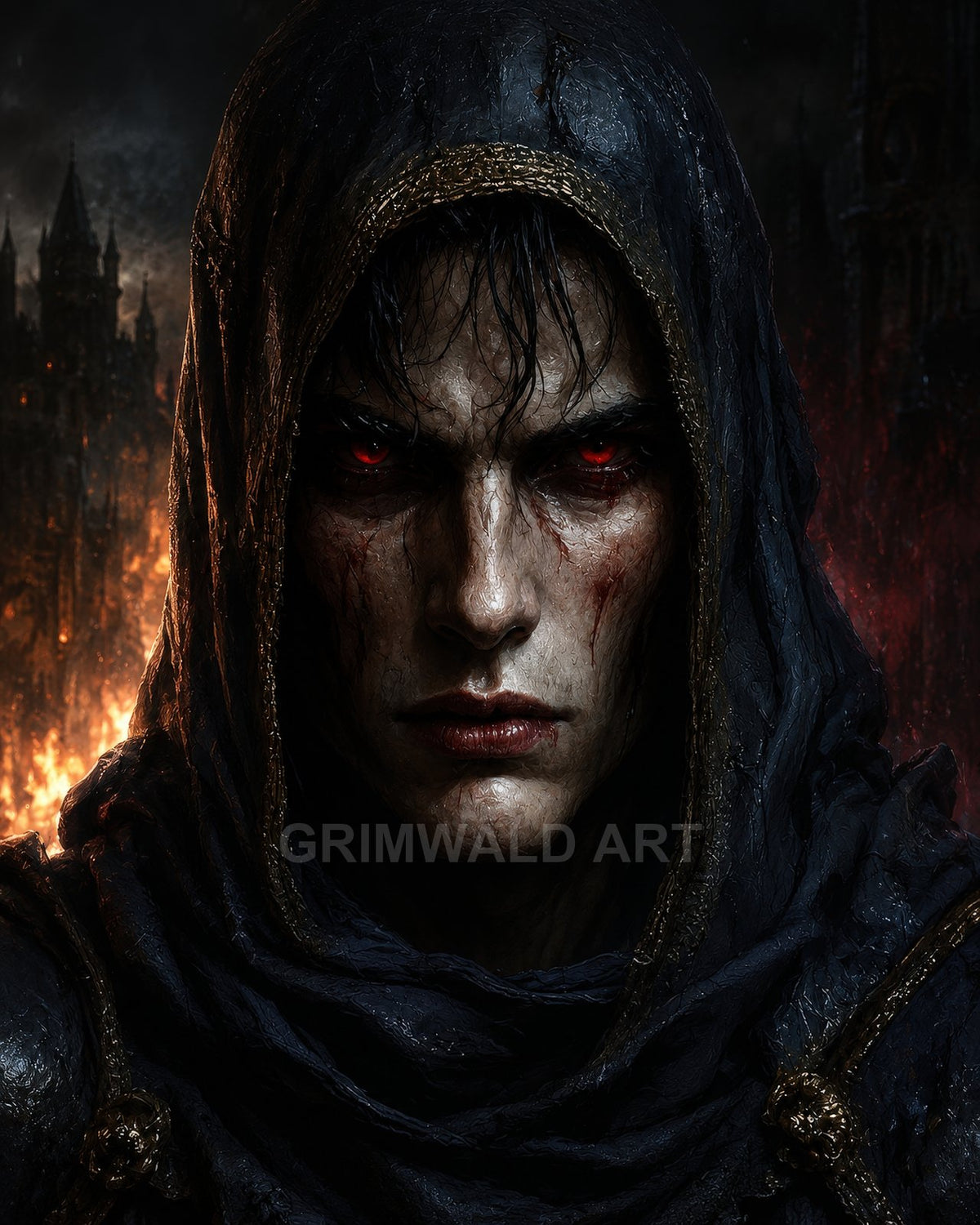 Close-up of a hooded male vampire with glowing red eyes and blood-streaked face, firelit night and gothic city spires burning behind.