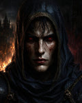 GRID THUMBNAIL — Close-up of a hooded male vampire with glowing red eyes and blood-streaked face, firelit night and gothic city spires burning behind.