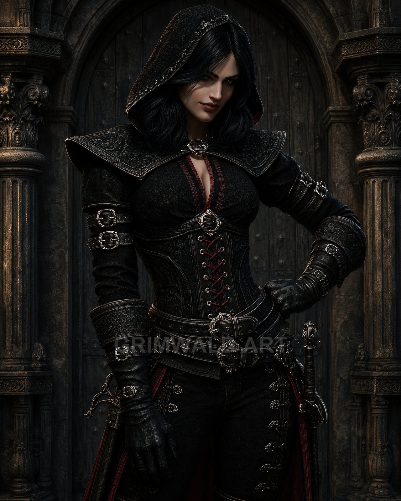 Hooded dark-haired woman in ornate black leather armour stands before an iron-bound castle door, gloved hand near a sheathed sword, gothic atmosphere.