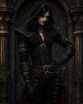 GRID THUMBNAIL — Hooded dark-haired woman in ornate black leather armour stands before an iron-bound castle door, gloved hand near a sheathed sword, gothic atmosphere.