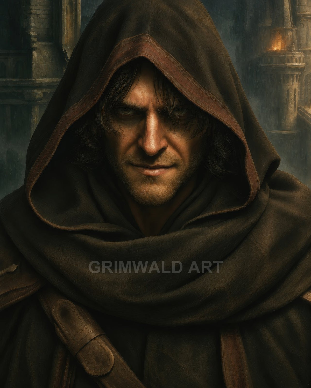 A close-up portrait of a hooded man in a dark brown cloak before torchlit castle towers at night, wearing a faint, dangerous smile.
