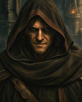 GRID THUMBNAIL — A close-up portrait of a hooded man in a dark brown cloak before torchlit castle towers at night, wearing a faint, dangerous smile.