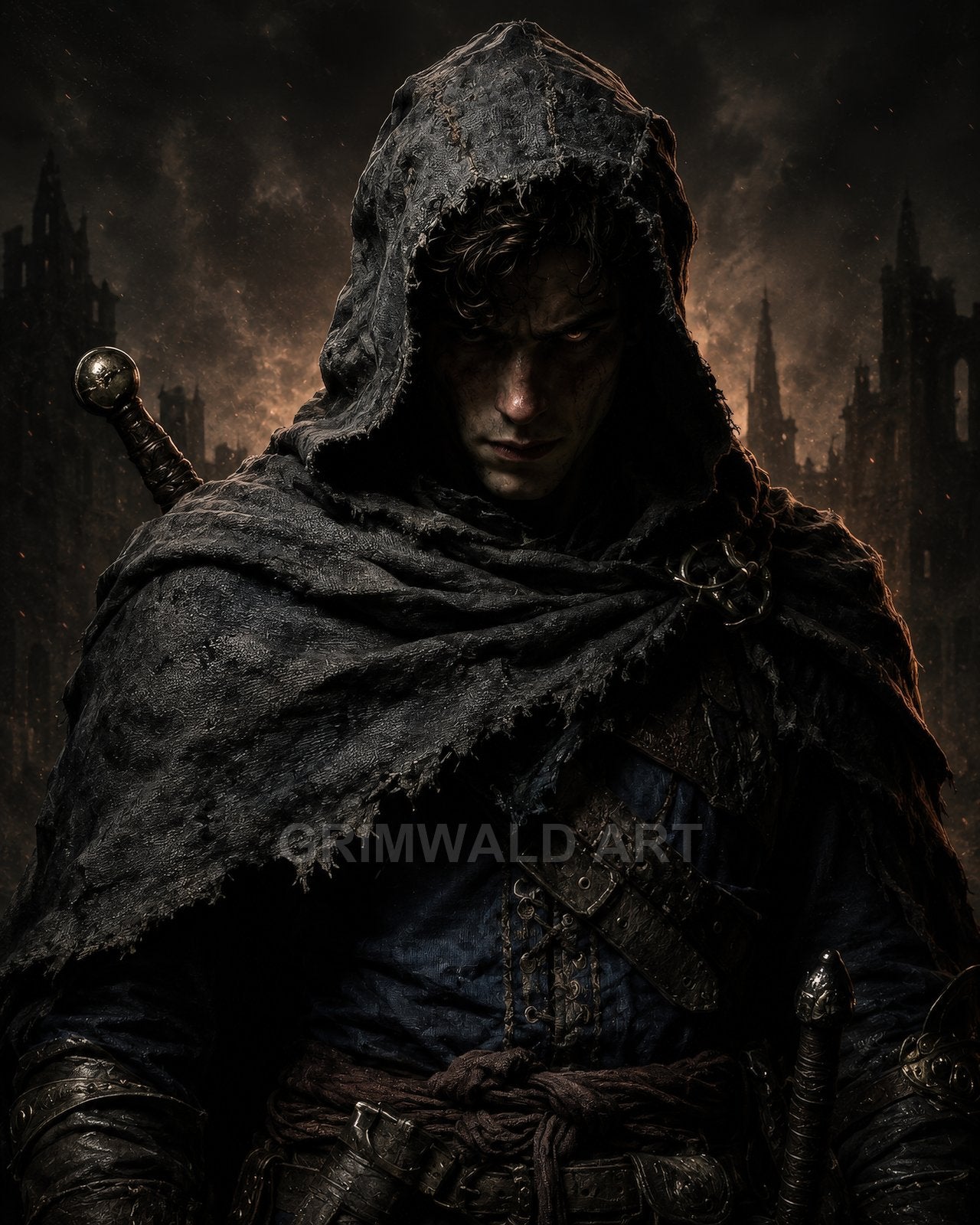Hooded male rogue in tattered cloak stands before burning gothic ruins, leather armour and sword hilts catching ember-lit smoke in a dark, ominous portrait.