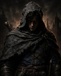 GRID THUMBNAIL — Hooded male rogue in tattered cloak stands before burning gothic ruins, leather armour and sword hilts catching ember-lit smoke in a dark, ominous portrait.