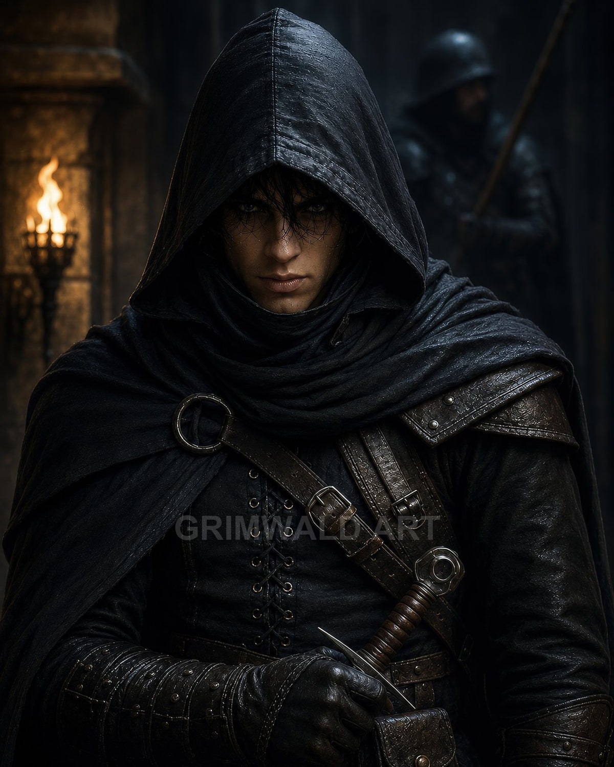 Hooded rogue in black leather armour grips a dagger, standing by torchlit stone wall, with a guard blurred in the background.