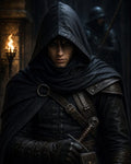 GRID THUMBNAIL — Hooded rogue in black leather armour grips a dagger, standing by torchlit stone wall, with a guard blurred in the background.