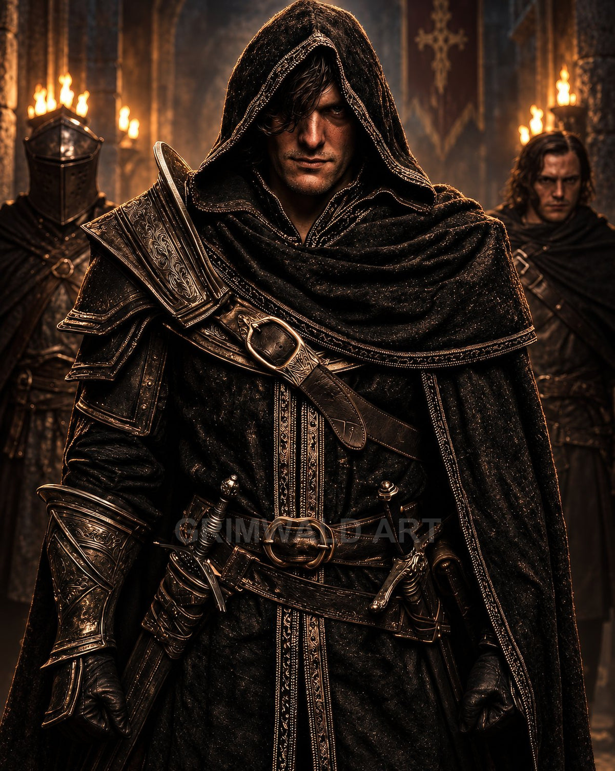 A hooded male rogue in ornate dark armour stands in a torchlit castle hall, gripping his cloak near twin blades, with armoured guards behind.
