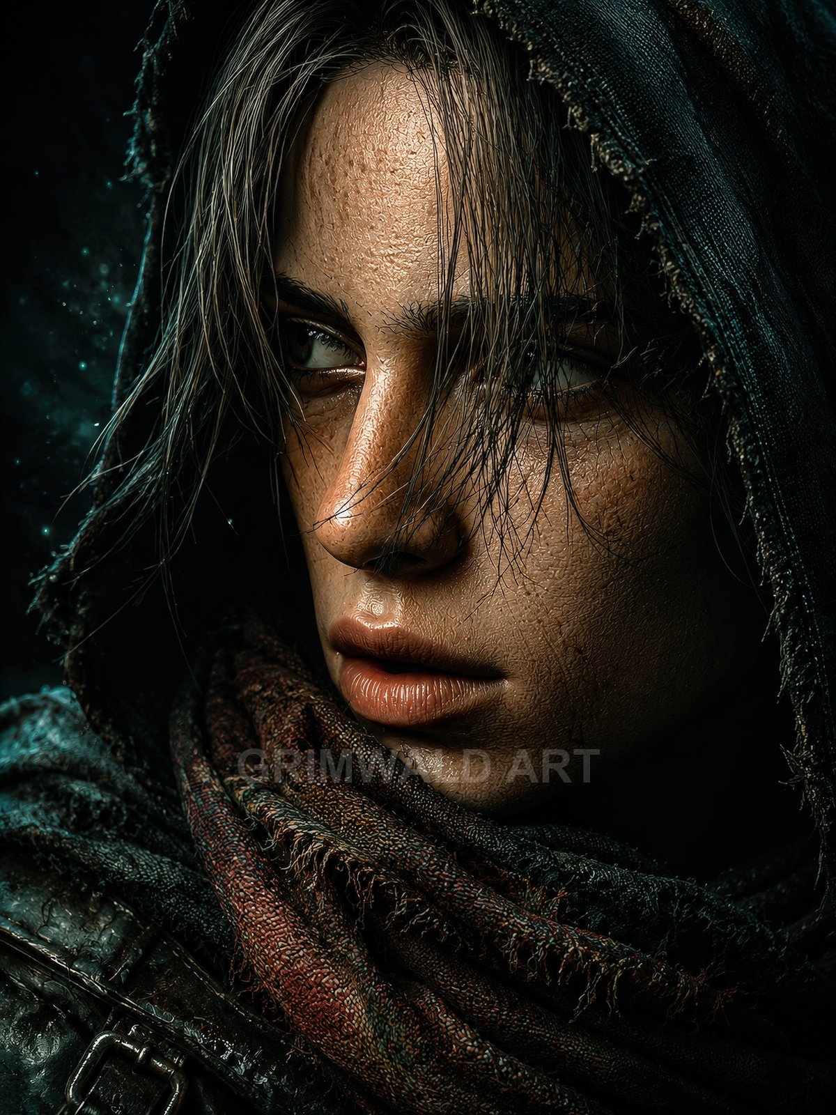 Close-up of a hooded, weathered human rogue with scarred skin and frayed scarf, gazing left in moody night lighting.