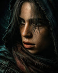 GRID THUMBNAIL — Close-up of a hooded, weathered human rogue with scarred skin and frayed scarf, gazing left in moody night lighting.