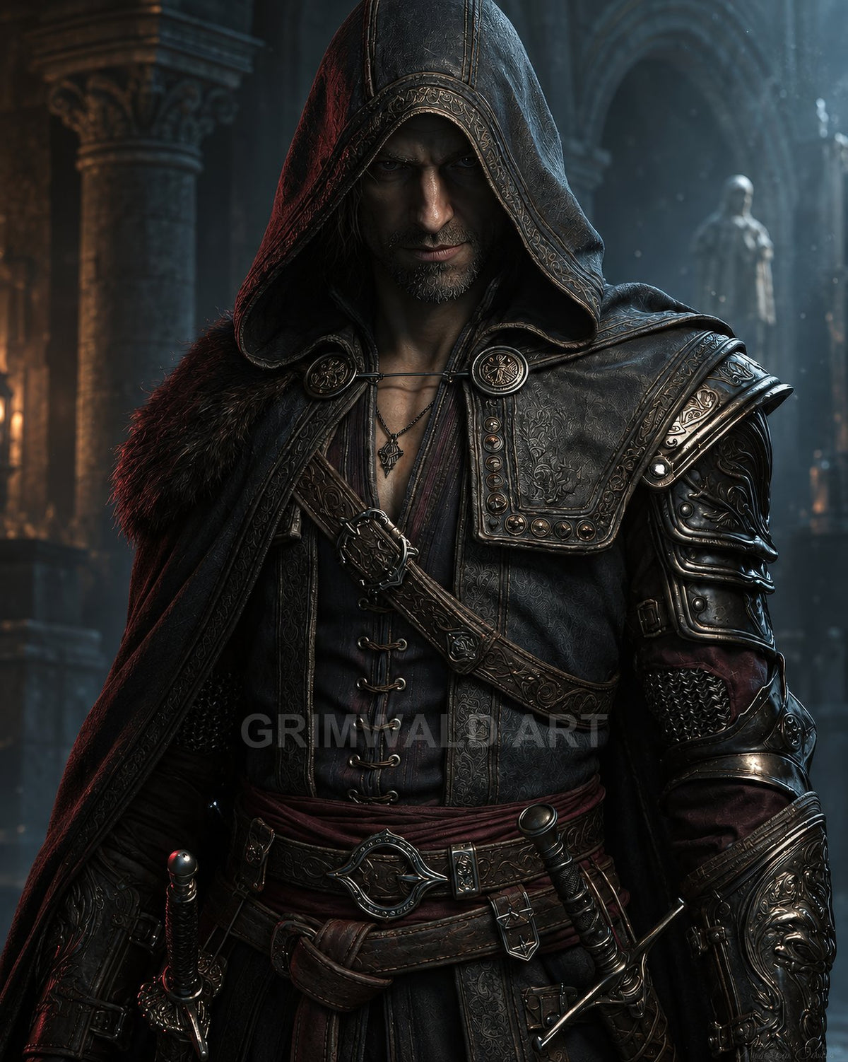 A hooded male rogue in ornate leather armour stands in a dim gothic cathedral, firelit columns behind, hands near a sword and dagger.