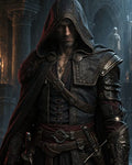 GRID THUMBNAIL — A hooded male rogue in ornate leather armour stands in a dim gothic cathedral, firelit columns behind, hands near a sword and dagger.