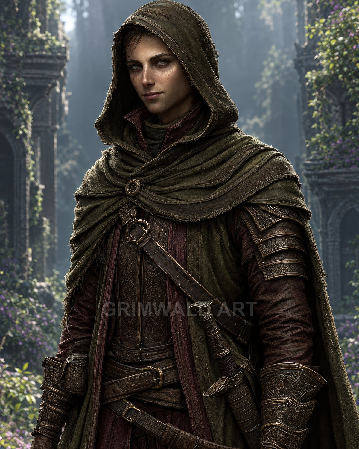 Androgynous hooded rogue in ornate leather armour stands in overgrown stone ruins, carrying a sword and dagger, surrounded by soft daylight and wildflowers.