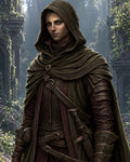 GRID THUMBNAIL — Androgynous hooded rogue in ornate leather armour stands in overgrown stone ruins, carrying a sword and dagger, surrounded by soft daylight and wildflowers.