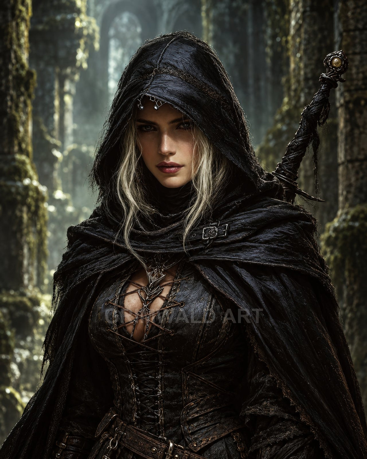 Hooded female rogue in dark leather armour stands before moss-covered stone ruins, sword on her back, lit by soft daylight in a moody scene.
