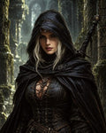 GRID THUMBNAIL — Hooded female rogue in dark leather armour stands before moss-covered stone ruins, sword on her back, lit by soft daylight in a moody scene.