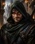 GRID THUMBNAIL — Close portrait of a hooded male rogue in worn leather armour with a sword on his back, in a firelit gothic city of spires.