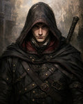 GRID THUMBNAIL — Portrait of a hooded male rogue in dark leather armour with straps and buckles, sword hilt over shoulder, moody twilight city backdrop.
