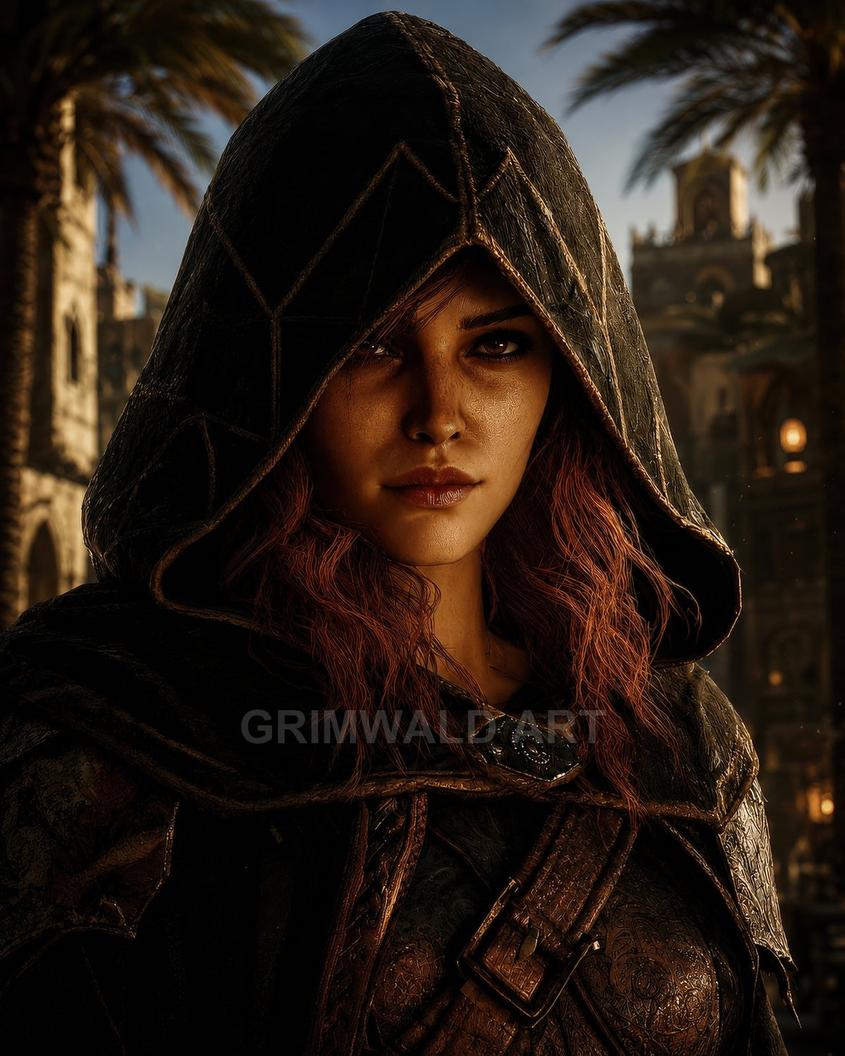 Close-up of a hooded woman in weathered leather armour, red hair and intense gaze, standing in a sunlit fantasy city with palm trees.