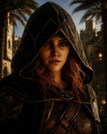 GRID THUMBNAIL — Close-up of a hooded woman in weathered leather armour, red hair and intense gaze, standing in a sunlit fantasy city with palm trees.