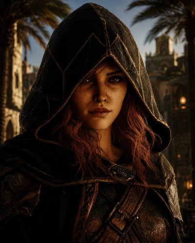 GRID THUMBNAIL — Close-up of a hooded woman in weathered leather armour, red hair and intense gaze, standing in a sunlit fantasy city with palm trees.