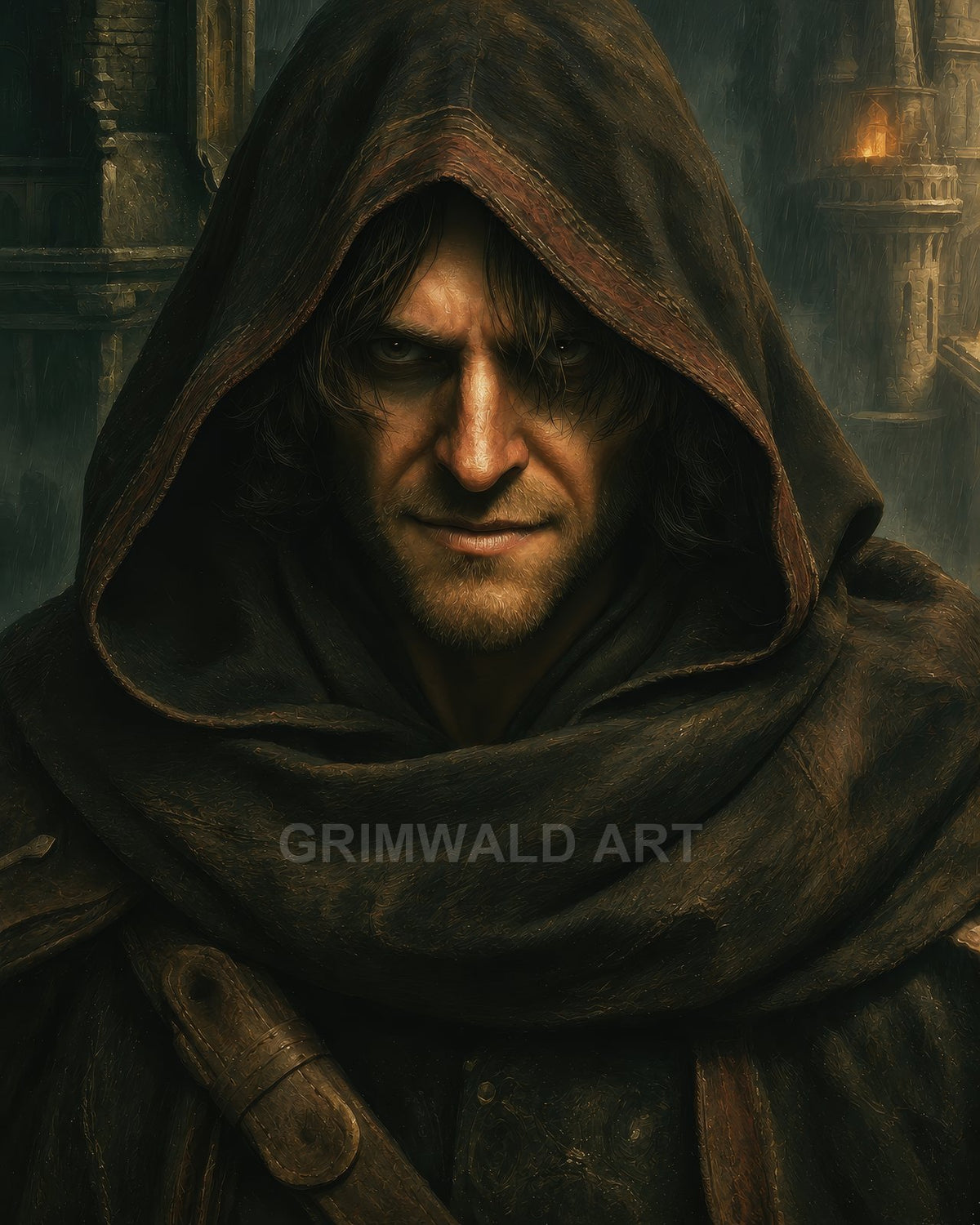 Close-up portrait of a hooded man in a weathered cloak, smirking, with torchlit castle towers and rain in the dark background.