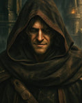 GRID THUMBNAIL — Close-up portrait of a hooded man in a weathered cloak, smirking, with torchlit castle towers and rain in the dark background.