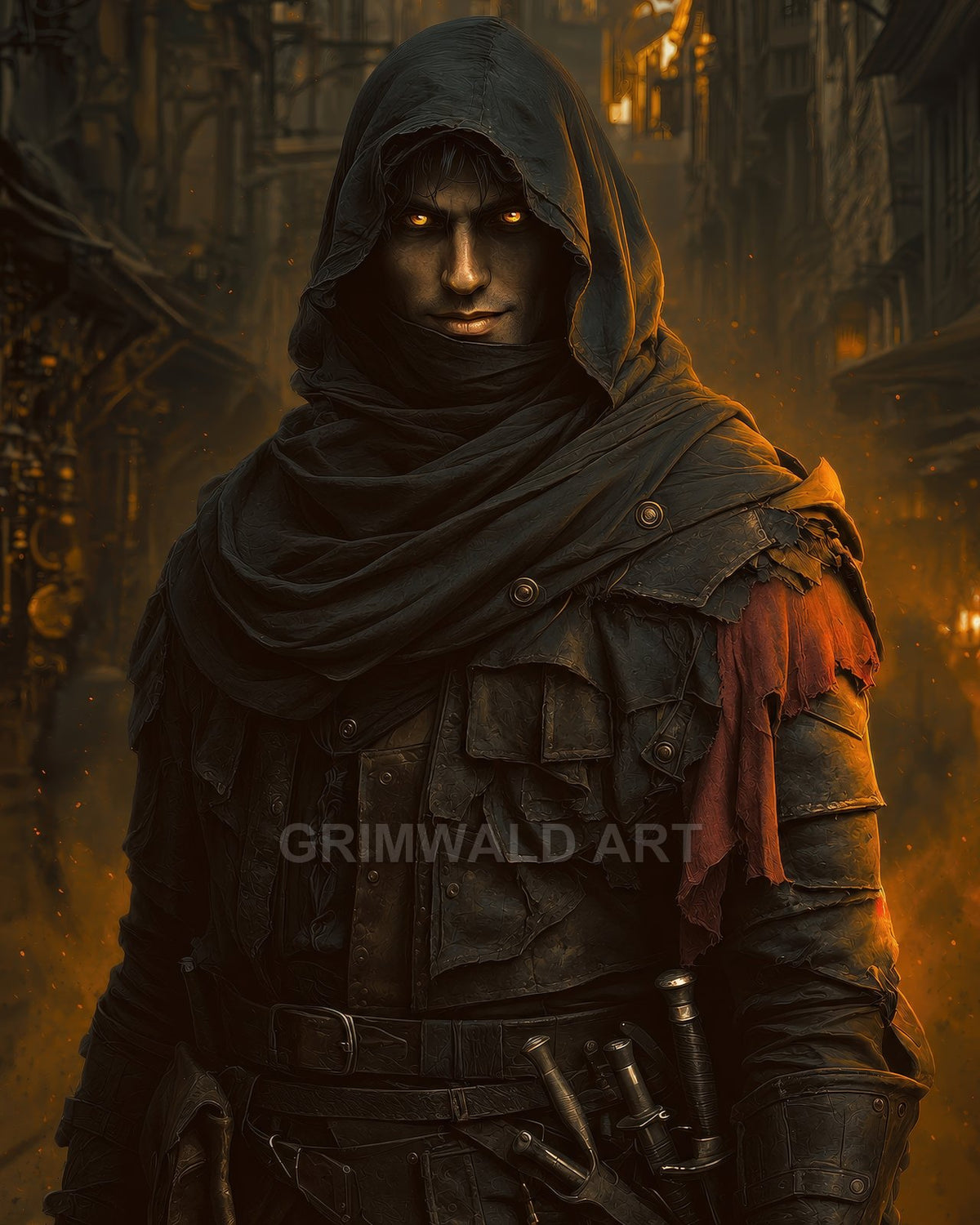 Hooded male rogue with glowing amber eyes stands in a firelit medieval alley, wearing layered leather armour and belts with daggers, embers drifting around.