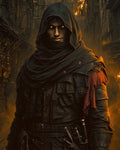 GRID THUMBNAIL — Hooded male rogue with glowing amber eyes stands in a firelit medieval alley, wearing layered leather armour and belts with daggers, embers drifting around.