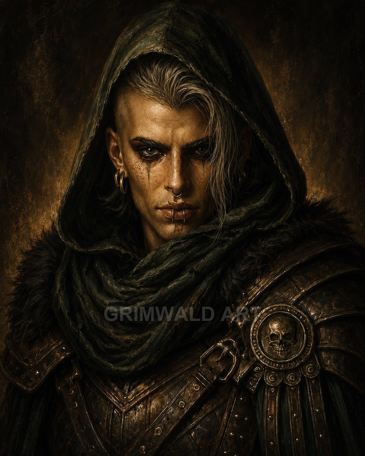 Dark fantasy portrait of a hooded, androgynous human in leather armour with a skull-emblemed pauldron, piercings, and smeared kohl, lit by warm firelight.