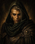 GRID THUMBNAIL — Dark fantasy portrait of a hooded, androgynous human in leather armour with a skull-emblemed pauldron, piercings, and smeared kohl, lit by warm firelight.