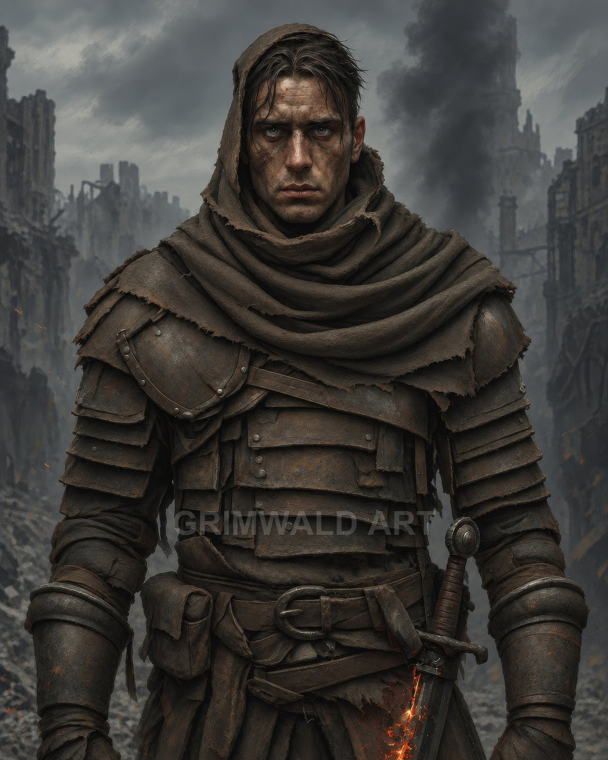 Hooded male warrior in layered leather armour stands in a smoking ruined city, grim-faced, with an ember-glowing sword at his side under overcast skies.