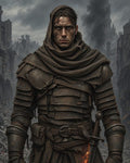GRID THUMBNAIL — Hooded male warrior in layered leather armour stands in a smoking ruined city, grim-faced, with an ember-glowing sword at his side under overcast skies.