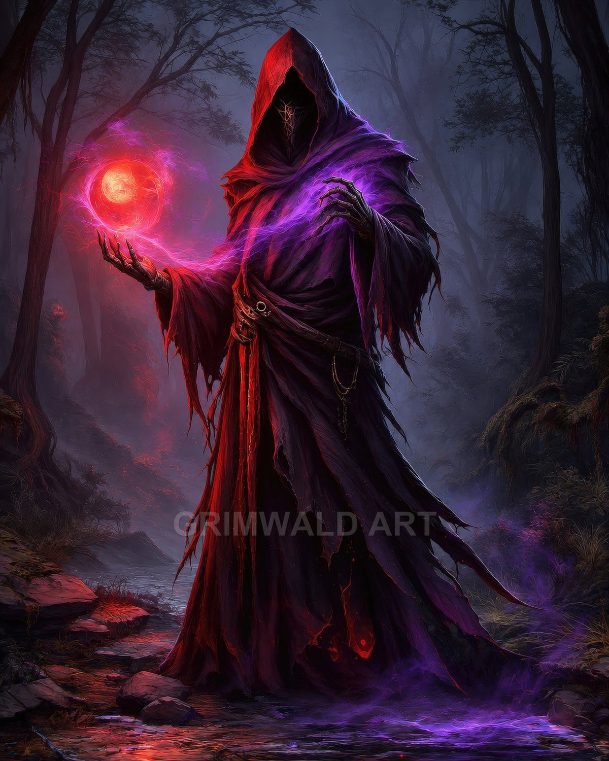 Hooded figure in tattered crimson and violet robes conjures a glowing red orb with purple energy in a dark misty forest.