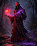 GRID THUMBNAIL — Hooded figure in tattered crimson and violet robes conjures a glowing red orb with purple energy in a dark misty forest.