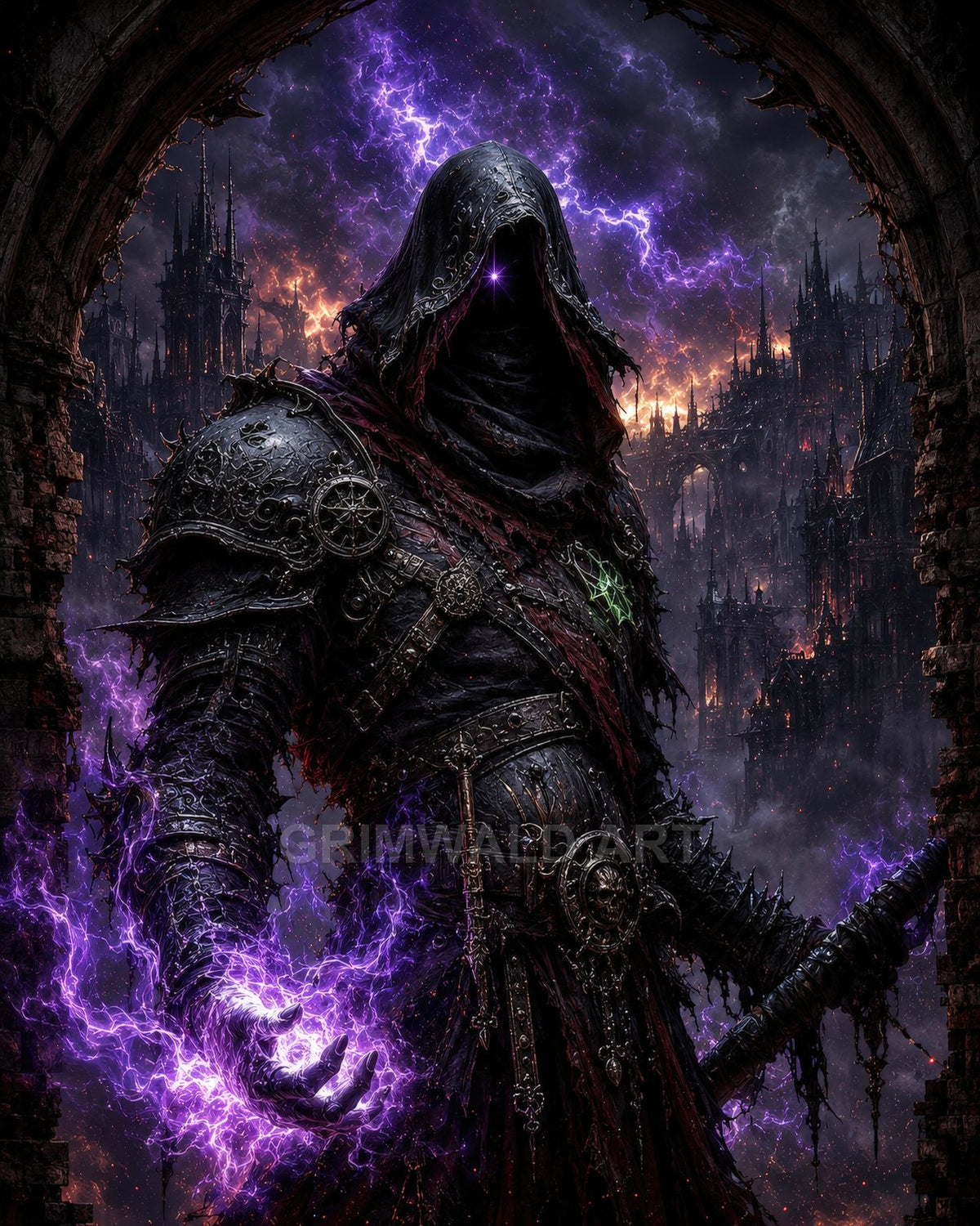 A hooded, armoured sorcerer crackles with purple lightning beneath a stormy sky, framed by a crumbling arch and a distant gothic cityscape.