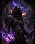 GRID THUMBNAIL — A hooded, armoured sorcerer crackles with purple lightning beneath a stormy sky, framed by a crumbling arch and a distant gothic cityscape.
